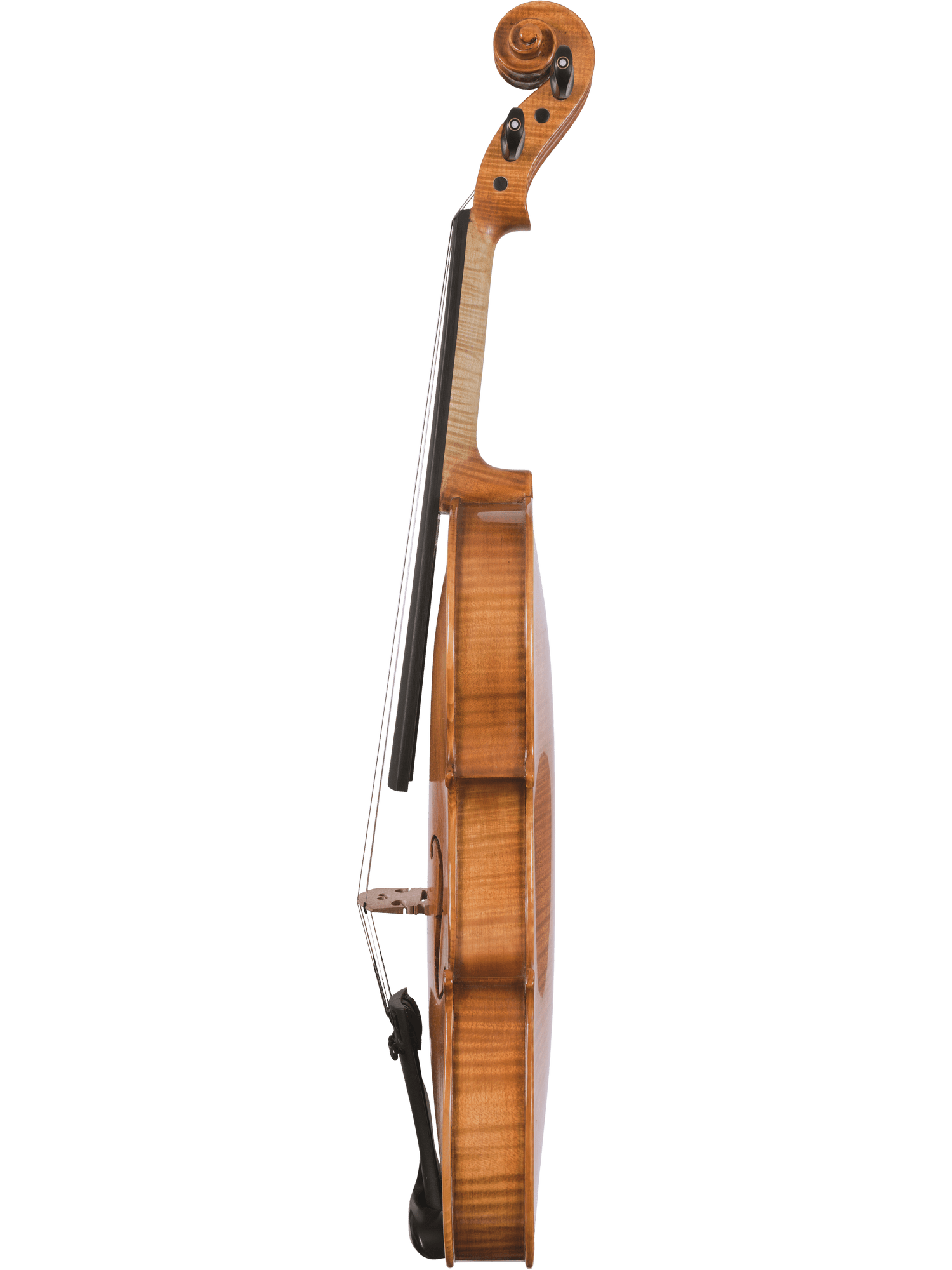 The Canzona Milano Violin Outfit is shown from the side, highlighting its hand-carved wooden body, neck, scroll, bridge, strings, and chin rest against a white background—ideal for advanced student players.