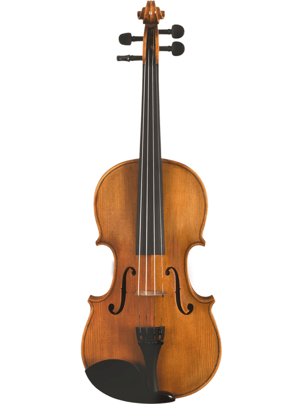 A full view of the hand-carved Canzona Milano Violin Outfit displays its strings, fingerboard, f-holes, and chinrest against a plain white background—perfect for advanced student violinists.