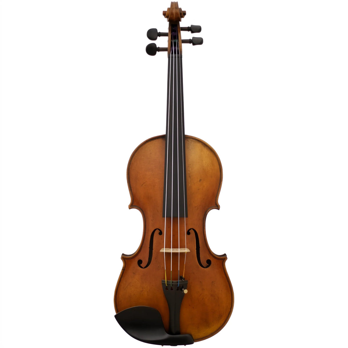 Canzona Niccolò Paganini Master Series Violin, front view, showing the hand-carved, antiqued spruce top, ebony fittings and Guarneri chinrest, on a white background.
