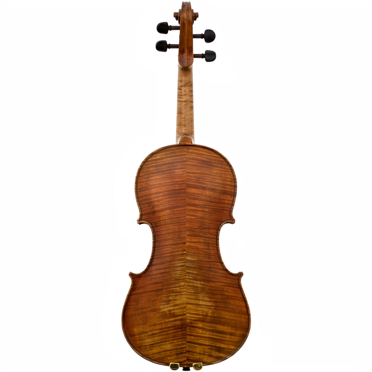 Canzona Niccolò Paganini Master Series Violin, back view, showing the highly figured maple back and neck under hand-applied antiqued oil varnish, on a white background.