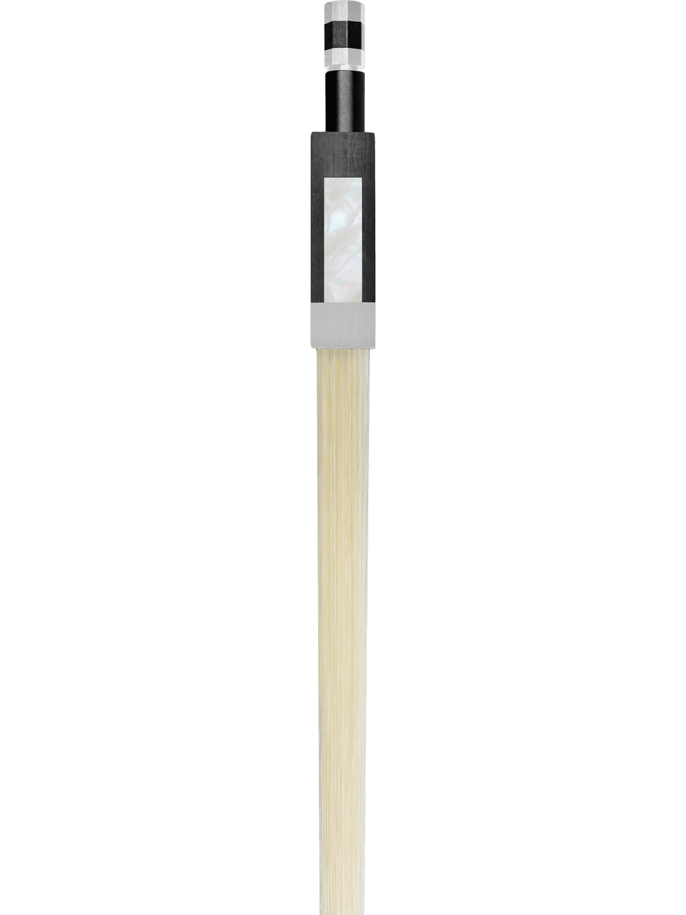 A close-up of the tip of a Canzona Caprice 300 Series Violin Outfit bow, showing light horsehair, a dark frog with rectangular mother-of-pearl inlay, and silver winding above the frog.