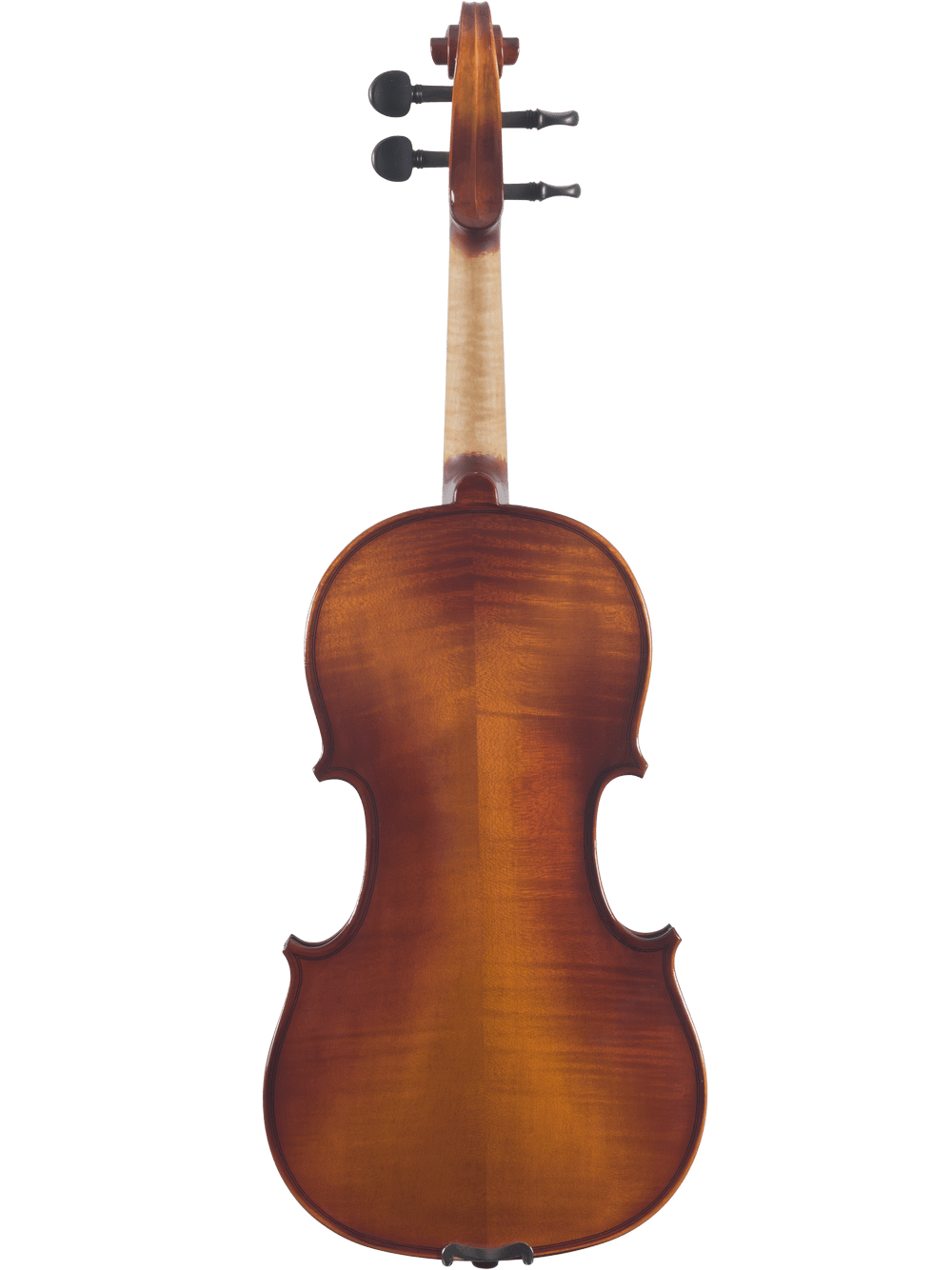 The Canzona Sonata 200 Series Student Viola Outfit – Hand Carved Spruce & Maple is shown from the back, highlighting its smooth, polished wooden surface and elegant curves against a plain white background.