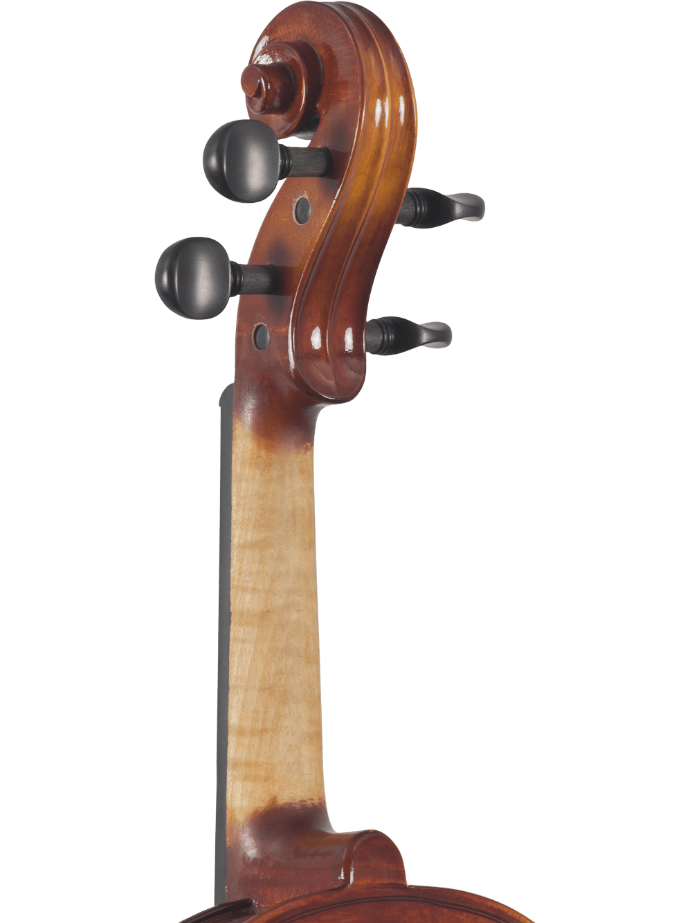 Close-up of the scroll, tuning pegs, and upper neck of the hand-carved Canzona Sonata 200 Series Student Viola Outfit – Spruce & Maple, set against a white background.