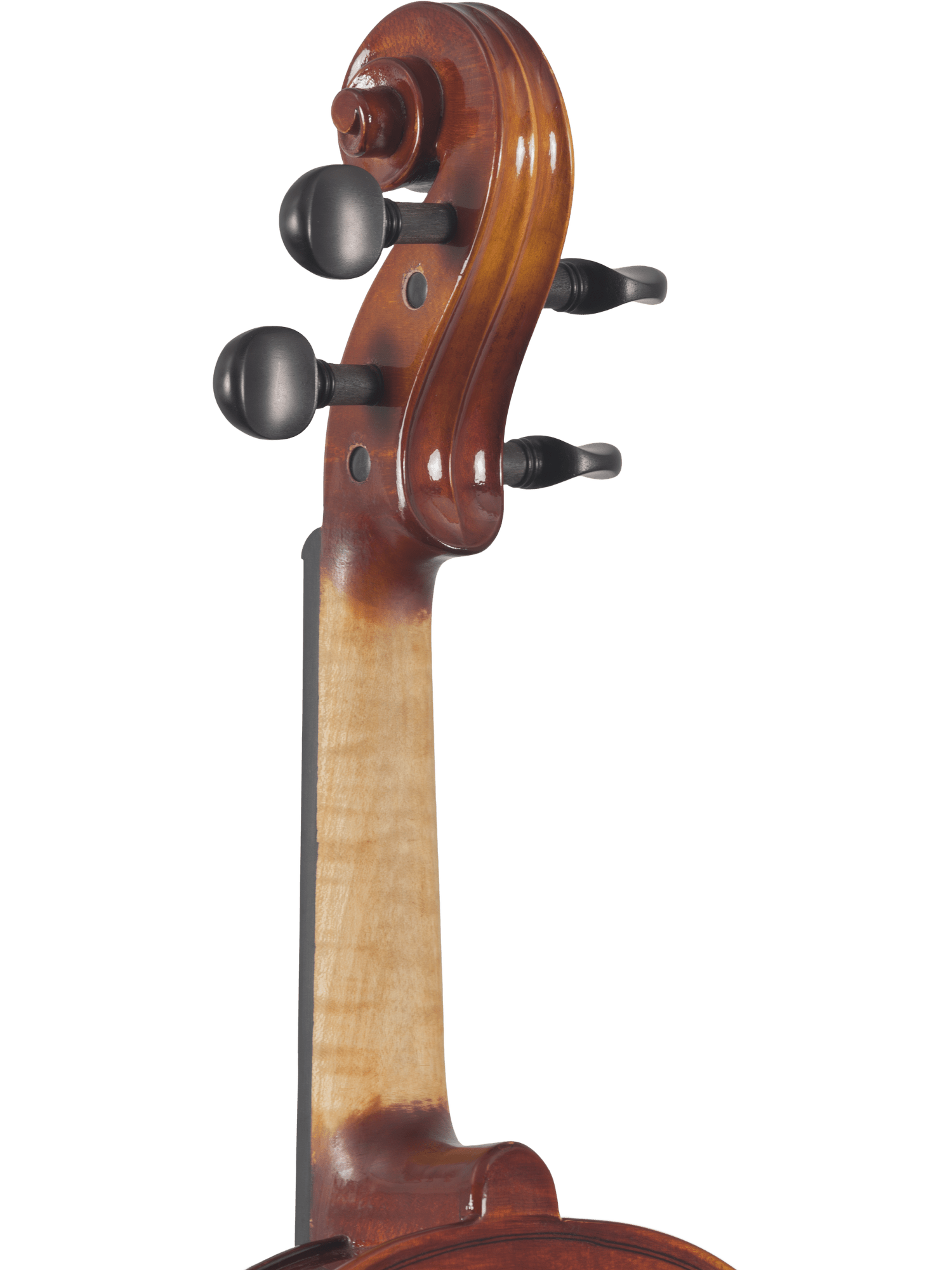 Close-up of the scroll, tuning pegs, and upper neck of the Canzona Sonata Student Violin Outfit set against a plain white background.