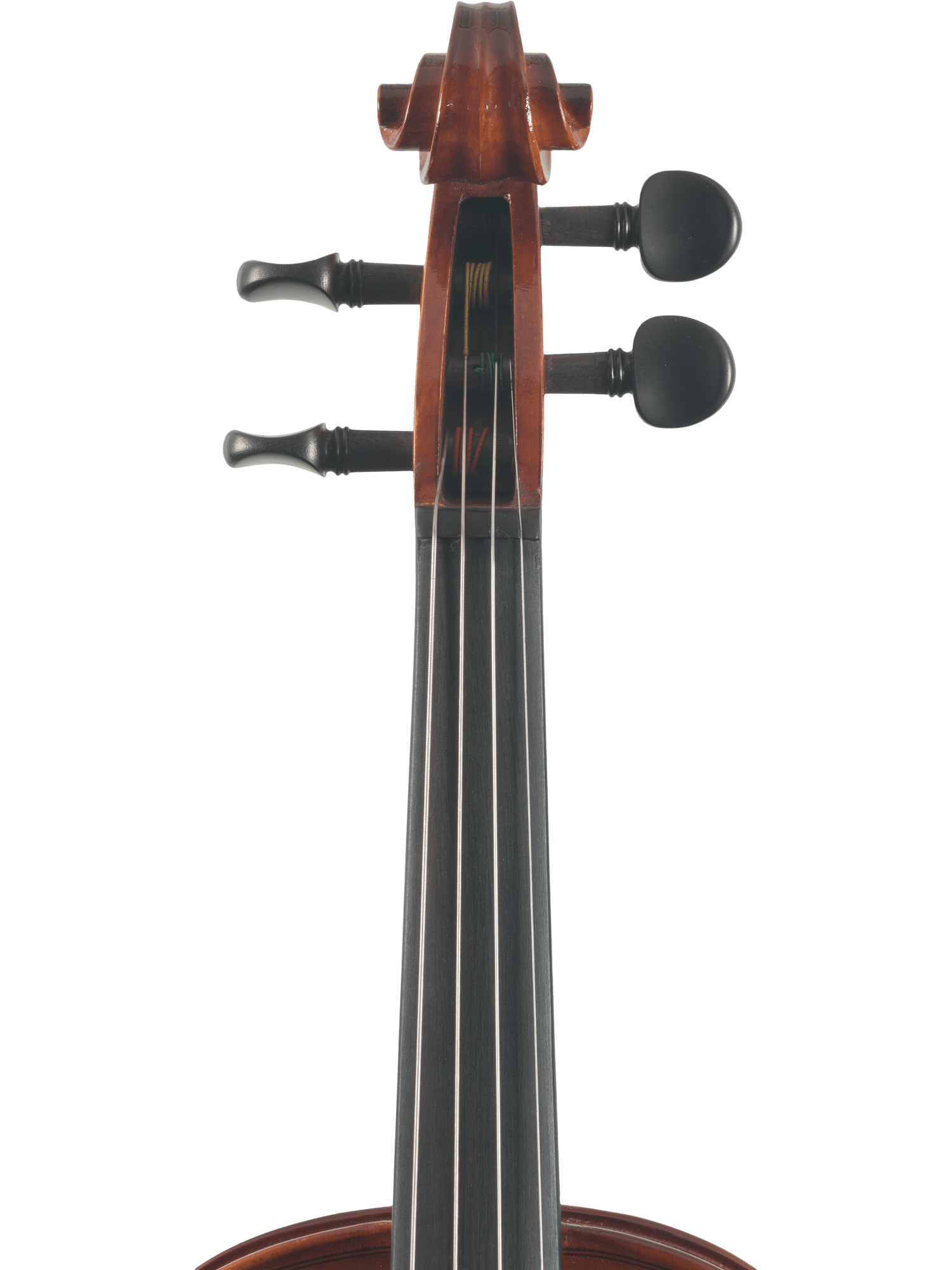 Close-up of the Canzona Sonata Student Violin Outfit’s upper part, highlighting the fingerboard, tuning pegs, and scroll against a plain white background.