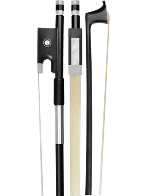Three close-up views of violin bows with black shafts, silver and white accents, and light horsehair, designed for use with the Canzona Violina Cinque 5-String Violin. Displayed against a plain white background.