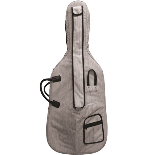 The Maple Leaf Strings CC1005 Elite Cello Bag, a light gray soft case with black trim, carrying handles, zipper closure, multiple front accessory pockets, and backpack straps for easy transport, is photographed against a white background.