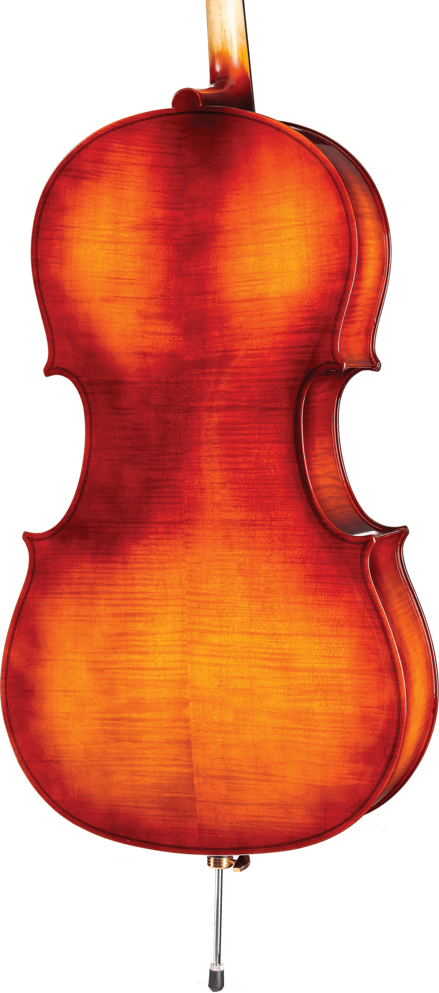 The back of a Core Academy A30 Student Cello features a vibrant reddish-orange and yellow wood finish, highlighting the grain and curves. The cello stands upright with its endpin visible at the bottom.