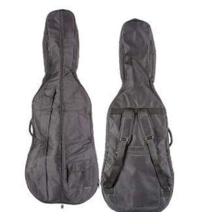 Two black padded gig bags are shown; one displays the front with a zipper and pocket, the other shows back straps—perfect for securely and comfortably carrying your Core Academy A30 Student Cello or any beginner cello.