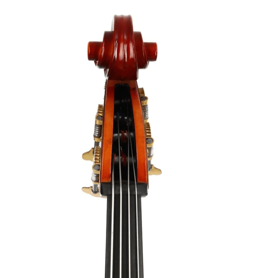 Close-up of the Core Academy A40 Double Bass Outfit’s headstock and tuning pegs, viewed from above with four strings extending downward. Features a polished reddish-brown finish, reflecting a professional setup.
