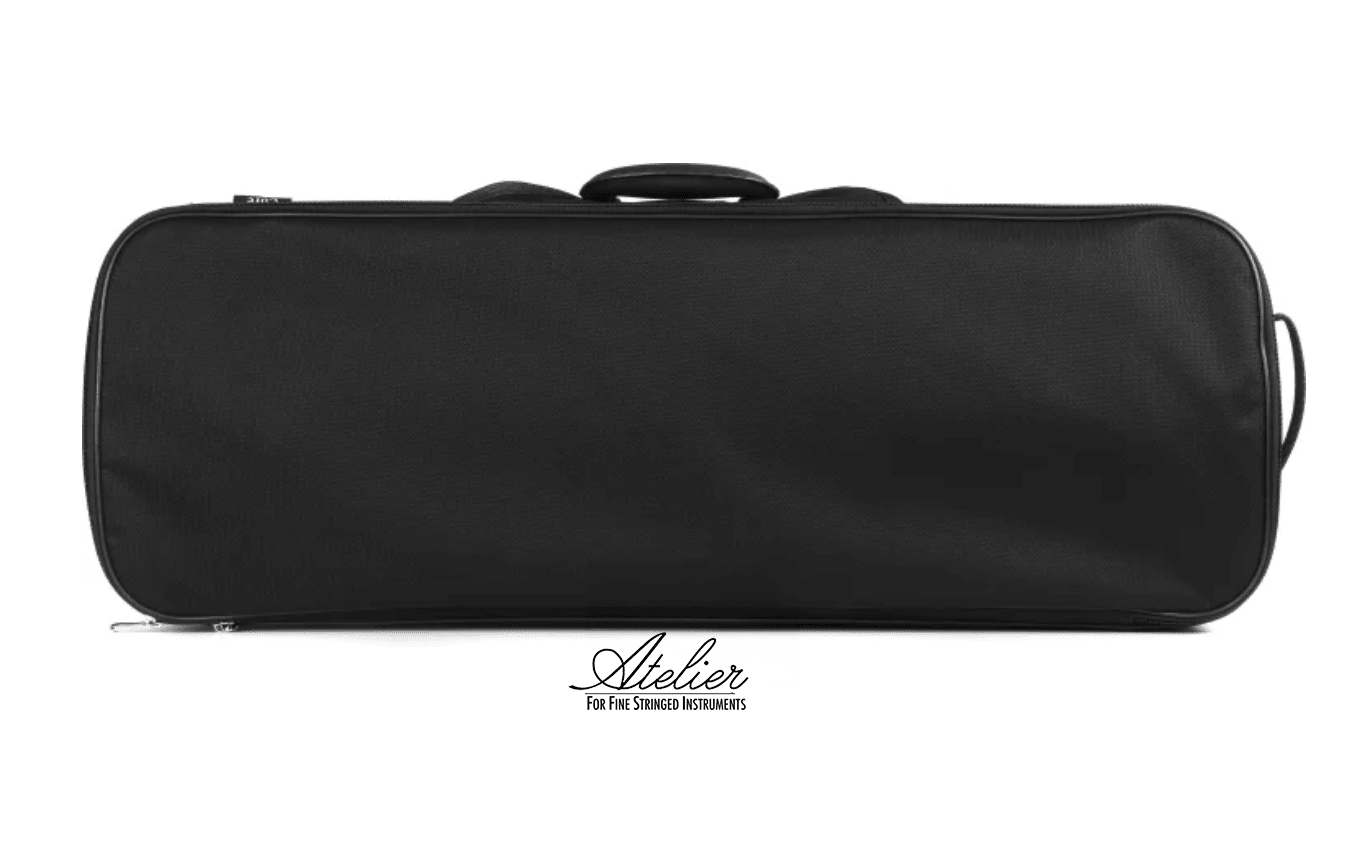 The Core CC498V Oblong Viola Case in black with a blue interior is shown on a white background. It features a top handle, adjustable backpack straps, and “Atelier” plus “For Fine Stringed Instruments” below the case.