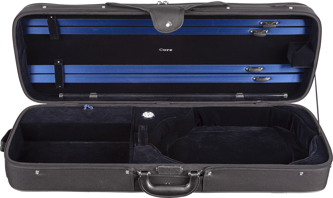 The Core CC498V Oblong Viola Case features a black exterior, blue interior, suspension padding, compartments for viola, bow and accessories, plus a bottom center handle. Lightweight and well-designed for protection and storage.
