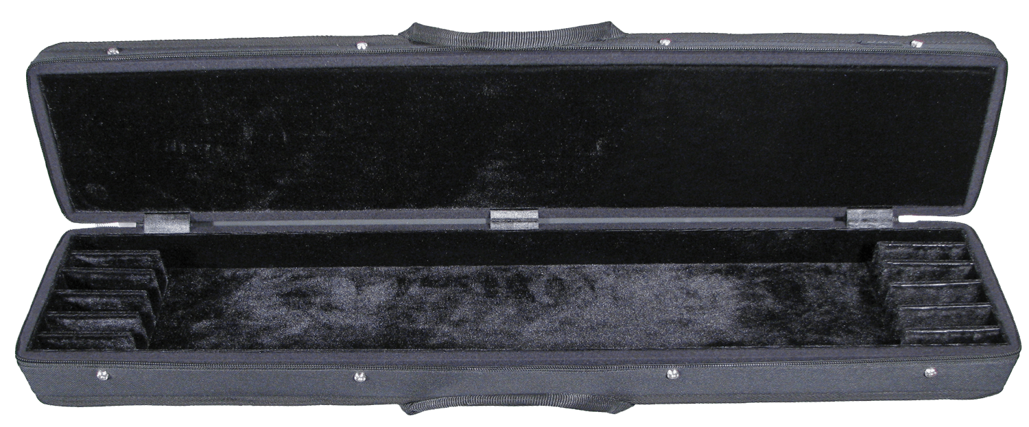 The Core CCB-6 Six Bow Case is a black, rectangular case with a plush interior, shown open to reveal empty slots for securely storing up to 6 violin, viola, or cello bows.