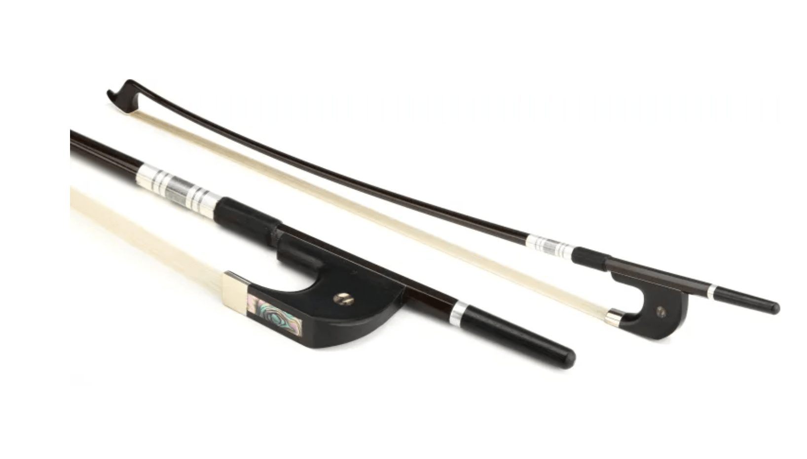 Two black violin bows with white horsehair, one flat and one slightly elevated, display elegant silver winding and inlay like on the Core Select 400 Series Bass Bow, set against a plain white background.