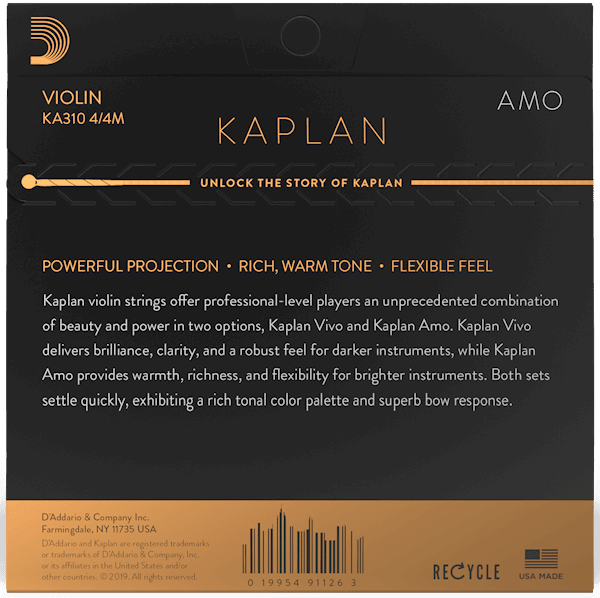 The back of a D’Addario Kaplan Amo Violin Strings – Full Set (4/4) package highlights powerful projection, a rich warm tone, flexible feel, and compares Kaplan Vivo and Amo synthetic core strings. The packaging is mostly black with gold and white text.