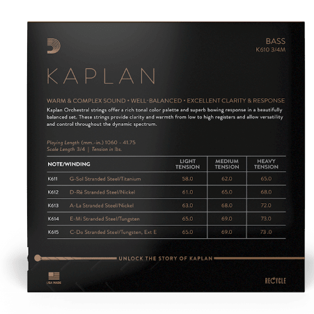 A product info card for D’Addario Kaplan Bass A String Medium Tension, showing string code, material, and tension for G, D, A (including this A string), and E. Features stable intonation, warm tone. Black design with gold/white text.
