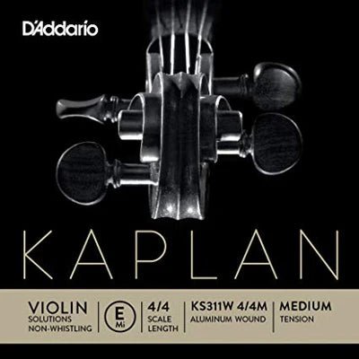 Close-up of a violin's scroll and tuning pegs above text: D'Addario Kaplan Non-Whistling Aluminum Wound Violin E String, designed for 4/4 violins, medium tension.