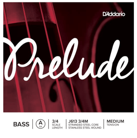 Close-up of the D’Addario Prelude Bass A String package, featuring stylized Prelude branding over a string instrument image. The packaging displays 3/4 scale, stranded steel core, and medium tension—emphasizing this durable bass string’s warm, balanced tone.