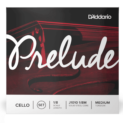 A package of D’Addario Prelude Cello String Set – 1/4 to 4/4 Sizes features a stylized cello illustration with “Prelude” prominent in script. The packaging highlights solid steel core and medium tension, making these strings a dependable choice for student cellists seeking reliable performance.