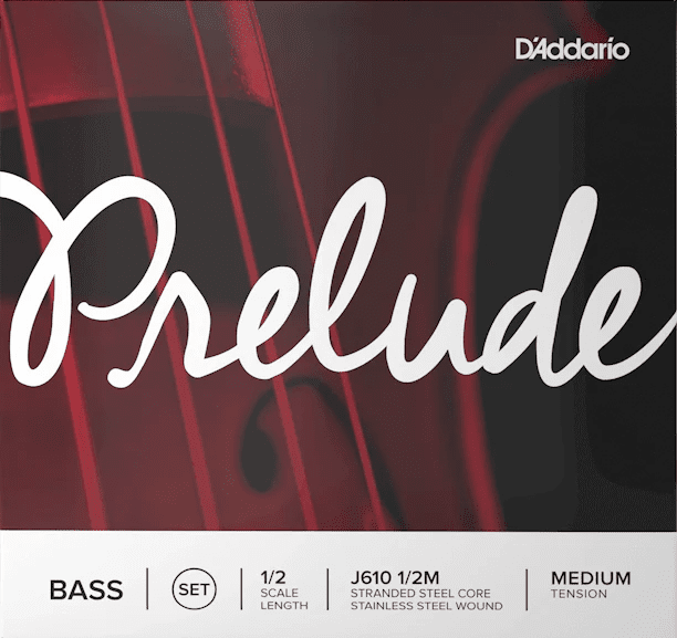 Close-up of the D’Addario Prelude Double Bass String Set – Medium Tension packaging, showcasing the white Prelude script on a red string instrument background. Below, the text highlights these student double bass strings as steel core strings and lists details such as set type, scale length, material, and tension.