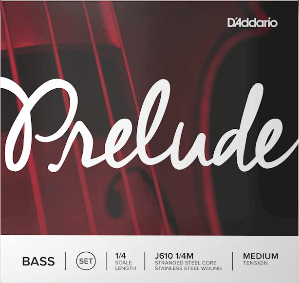 Close-up of D’Addario Prelude Double Bass String Set – Medium Tension packaging, showcasing a red and black background with bold Prelude script, product details, and the D’Addario brand logo in the top right corner.