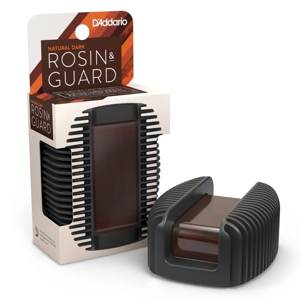 The D’Addario Rosin Guard with Natural Dark Rosin, which includes a refillable rosin holder in a black ribbed case, is displayed beside its packaging.