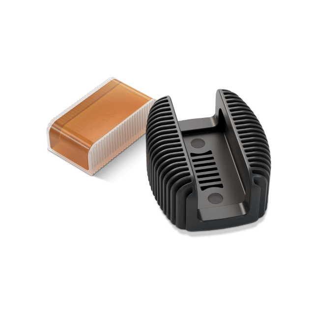 A D’Addario Rosin Guard with Natural Light Rosin, featuring a sleek black ribbed case and amber-colored rectangular rosin, is displayed on a white background.