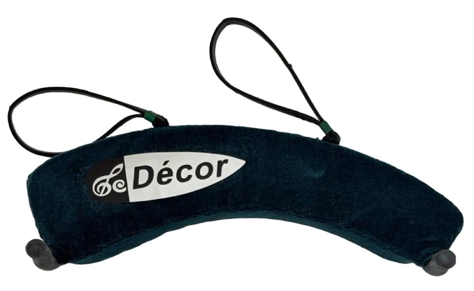 The Decor Shoulder Rest for Violin is dark blue with a cushion-style design, musical note symbol, adjustable black straps, and rubber feet at both ends.