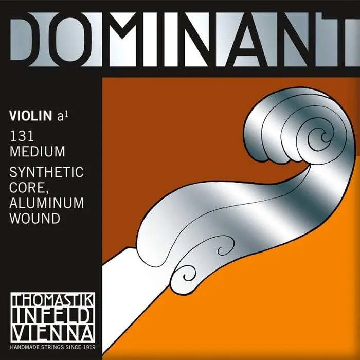 Dominant 131 Violin A String, 4/4 packaging showcases bold DOMINANT text at the top, a metallic violin scroll illustration on an orange background, and details about its synthetic core and aluminum winding.