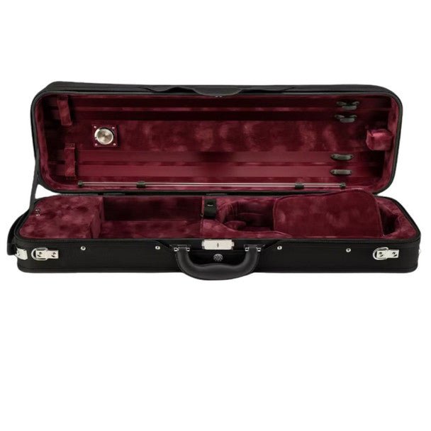 The Eastman CA1908 Oblong Violin Case offers a plush dark red interior with multiple compartments and slots for storing your violin and accessories.