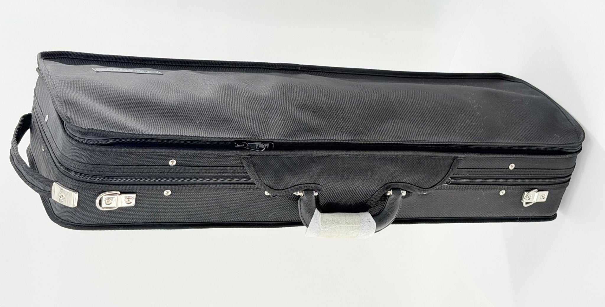 Shown is an Eastman CA1908 Oblong Violin Case, rectangular and black, featuring a handle, silver latches, and a zipper, photographed on a plain white background.
