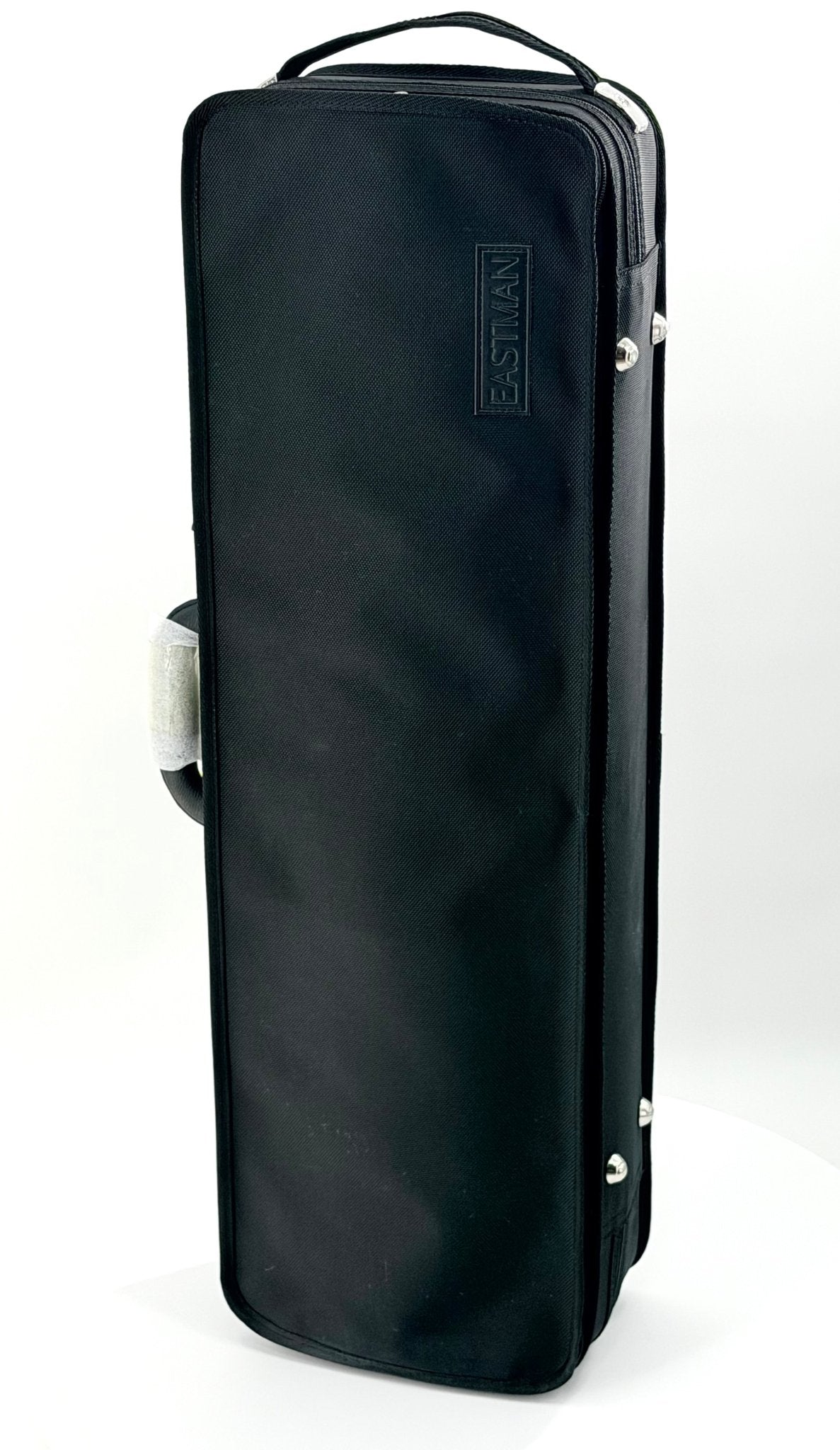 The Eastman CA1908 Oblong Violin Case is a black rectangular case with a handle, zipper, and EASTMAN embossed on the front, standing upright on a white background—ideal for carrying your violin safely.
