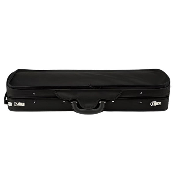 The Eastman CA1908 Oblong Violin Case is a closed black case with silver latches, a zipper, and a black handle, shown resting on a white background.