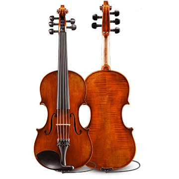 Two violins appear side by side: one Eastman Rudoulf Doetsch 5-String Series+ VL7015+ shows its front with visible strings and fingerboard, while the other displays the back, emphasizing wood texture and detailed craftsmanship.