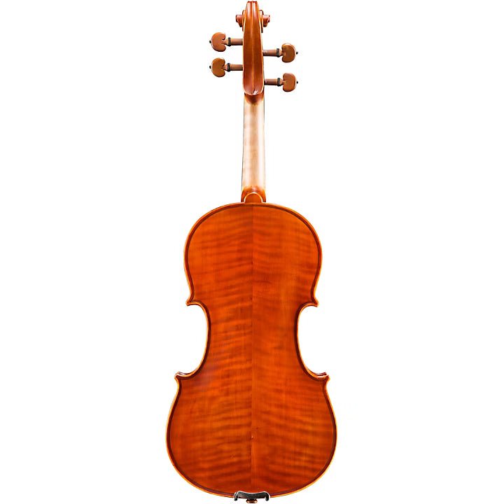 A violin shown from the back, revealing its polished wooden body and distinctive grain pattern, with tuning pegs and scroll visible at the top—reminiscent of the Eastman VL200 4/4 Violin, making it an excellent step-up instrument for advancing musicians.