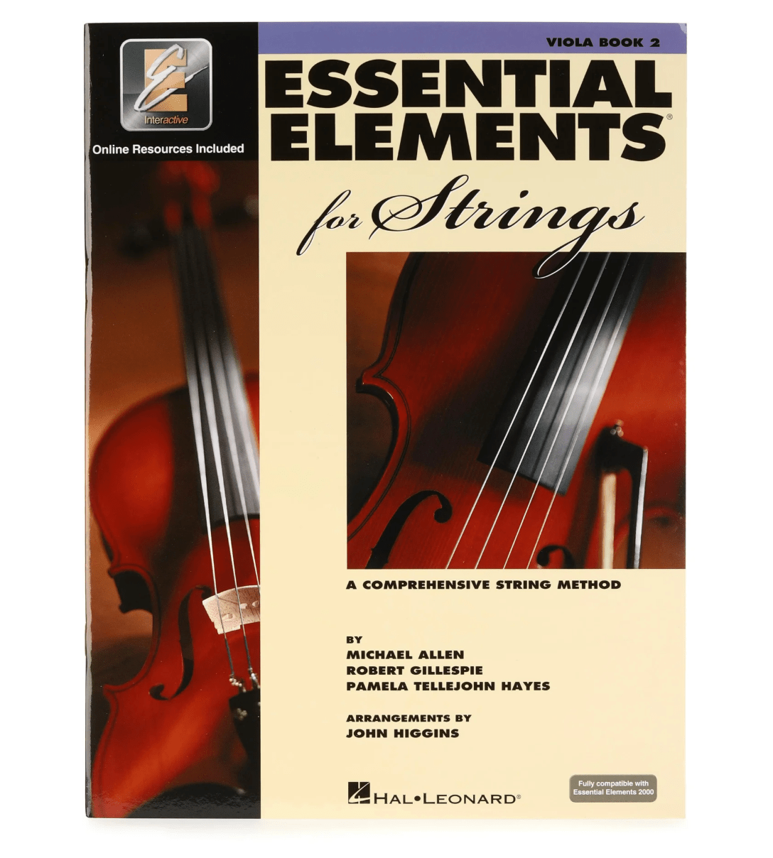 Cover of "Essential Elements for Strings - Viola Book," a popular beginner method, featuring a viola close-up and authors Michael Allen, Robert Gillespie, Pamela Tellejohn Hayes, plus arranger John Higgins.