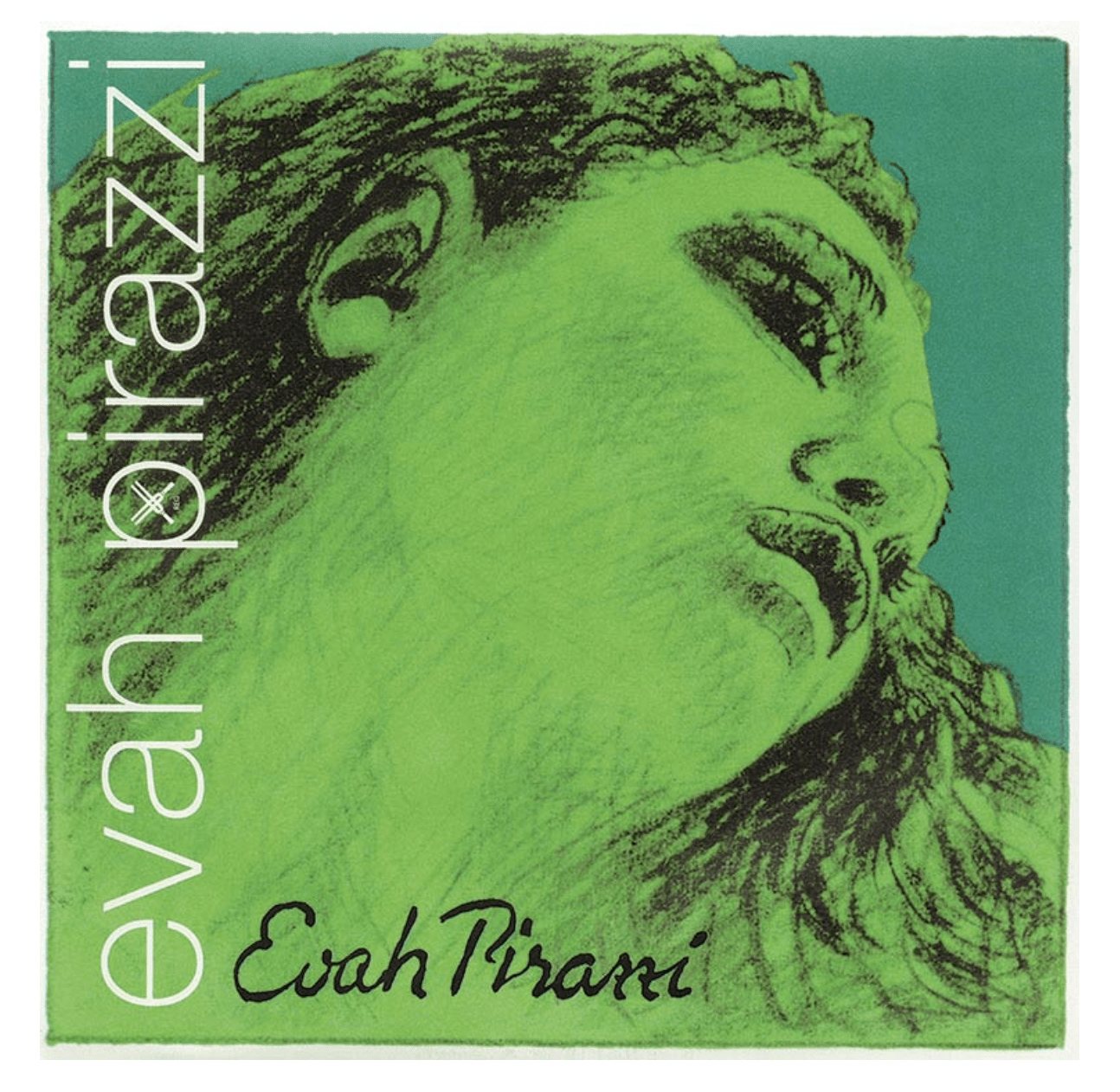 A green-toned sketch of a woman looks upward against a teal background. "Evah Pirazzi!" appears vertically on the left and in script at the bottom, showcasing renowned Evah Pirazzi Viola Strings - Set with a synthetic core.