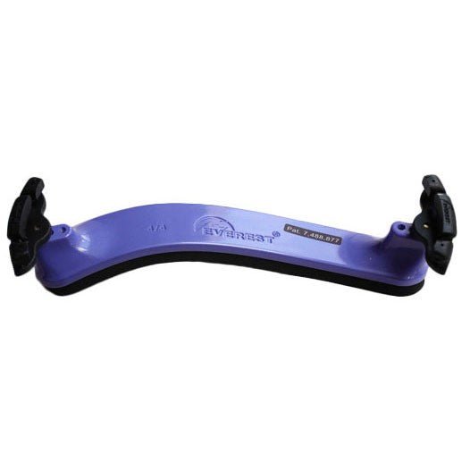 A purple, curved Everest ES Violin Shoulder Rest featuring black handles at each end and a black bottom pad, its design echoing the vibrant tones of the Everest Spring Collection.