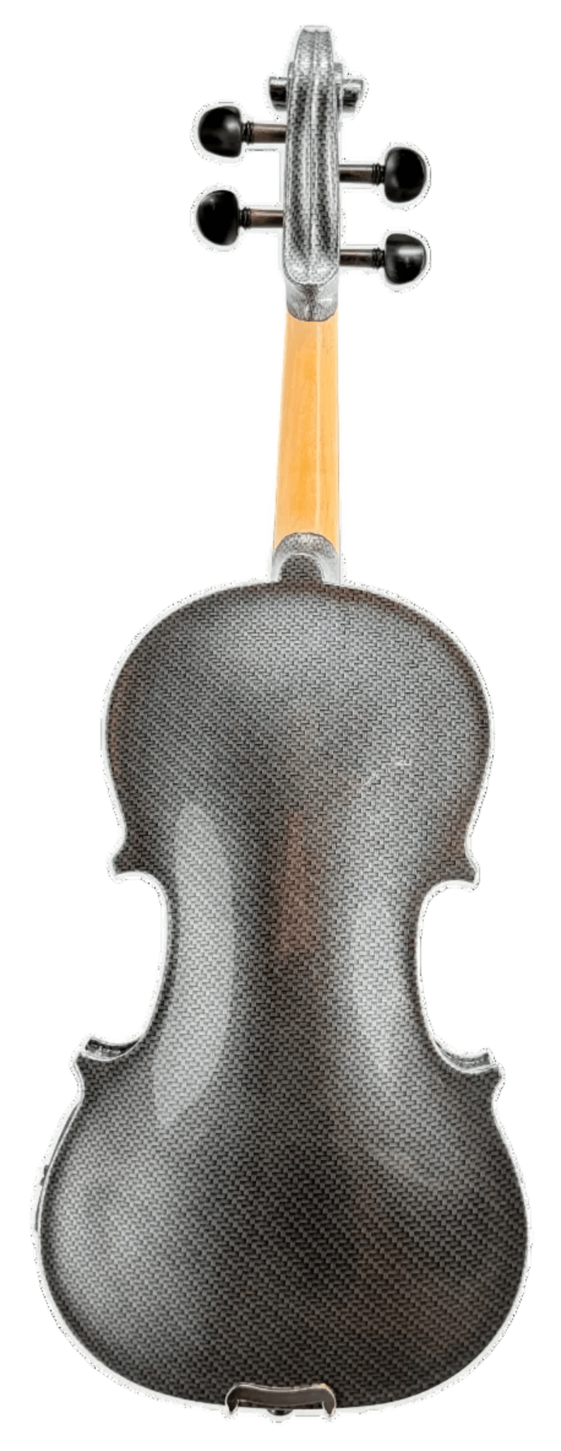 A carbon fiber violin shown from the back, featuring a textured dark gray body, a light wood neck, and black tuning pegs on a plain white background.