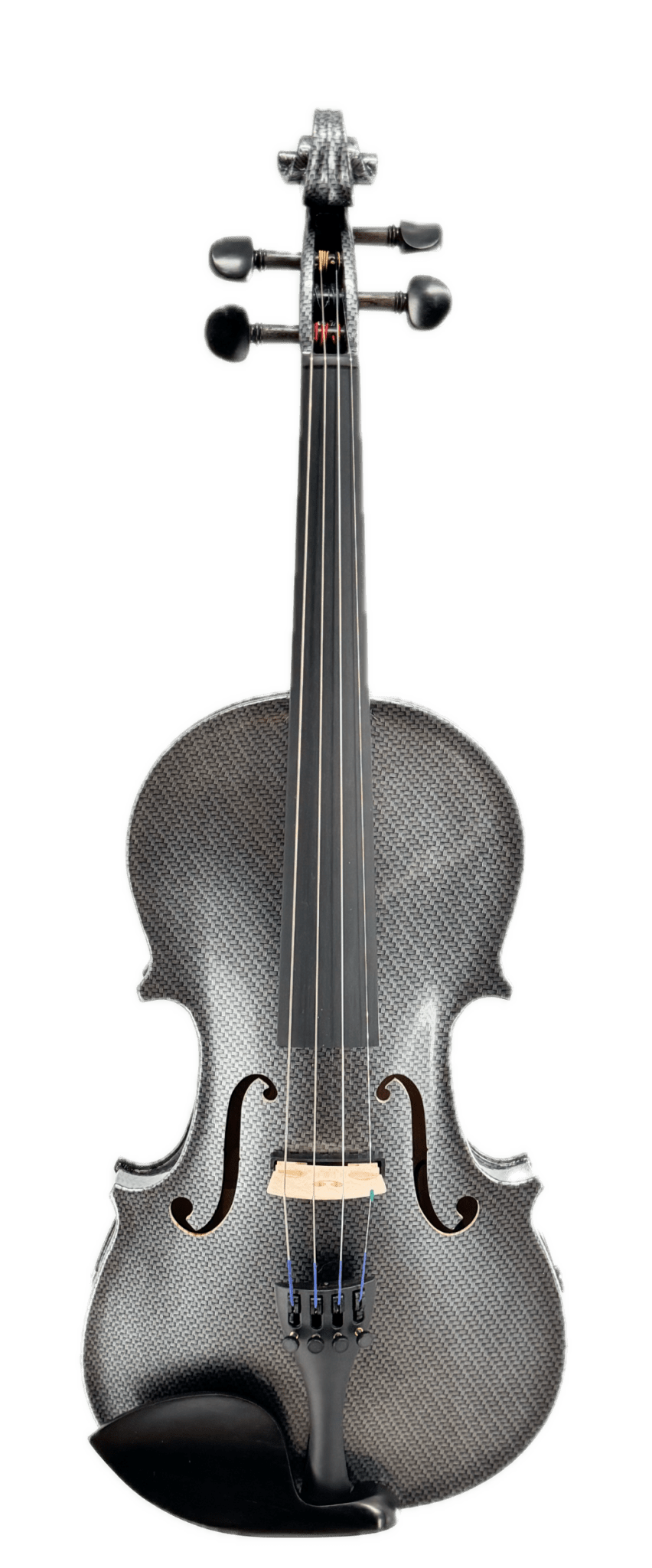 A carbon fiber violin shown from a side profile view against a solid white background.