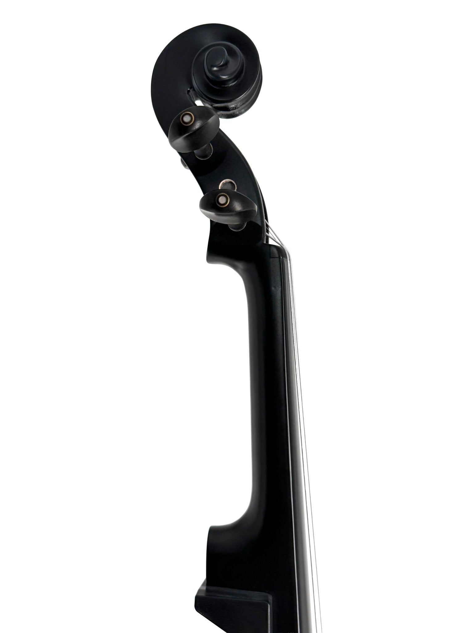 Close-up of the scroll and tuning pegs of the Geneva Electric Violin – Professionally Set Up at Atelier, highlighting its elegant curves and smooth finish. This modern instrument is ideal for silent practice and performance, isolated on a white background.
