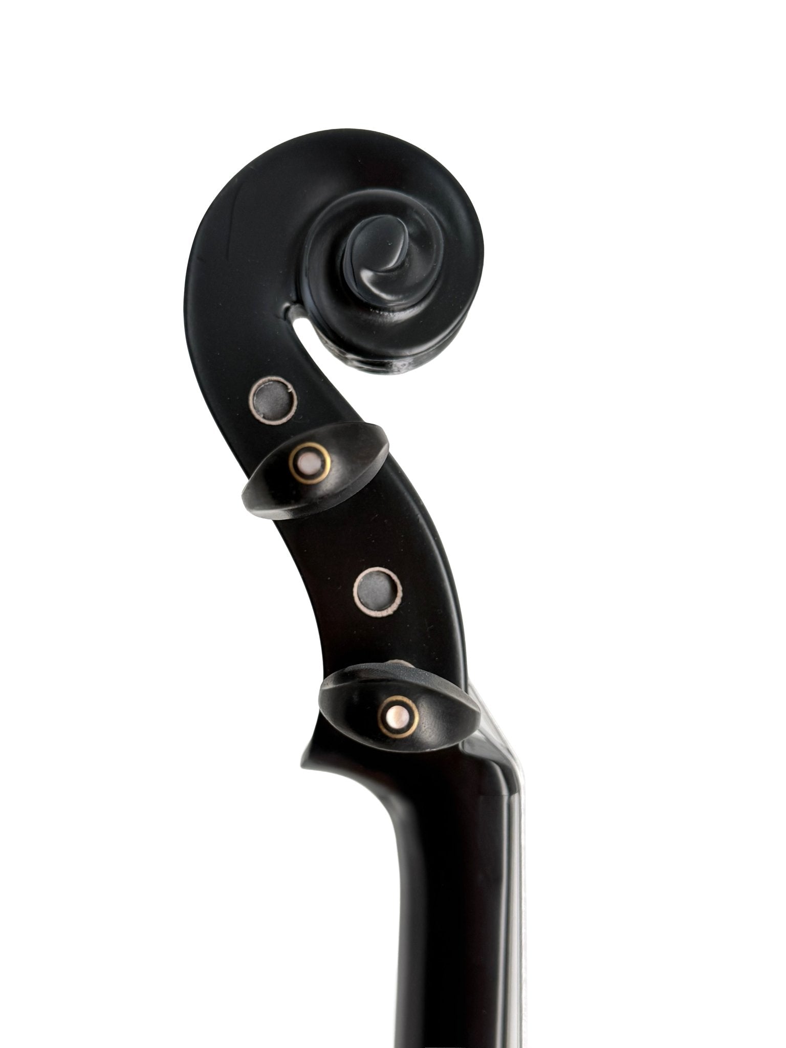 Close-up of the Geneva Electric Violin – Professionally Set Up at Atelier, showing its black scroll and pegbox with three tuning pegs against a white background—perfect for modern silent practice and performance.