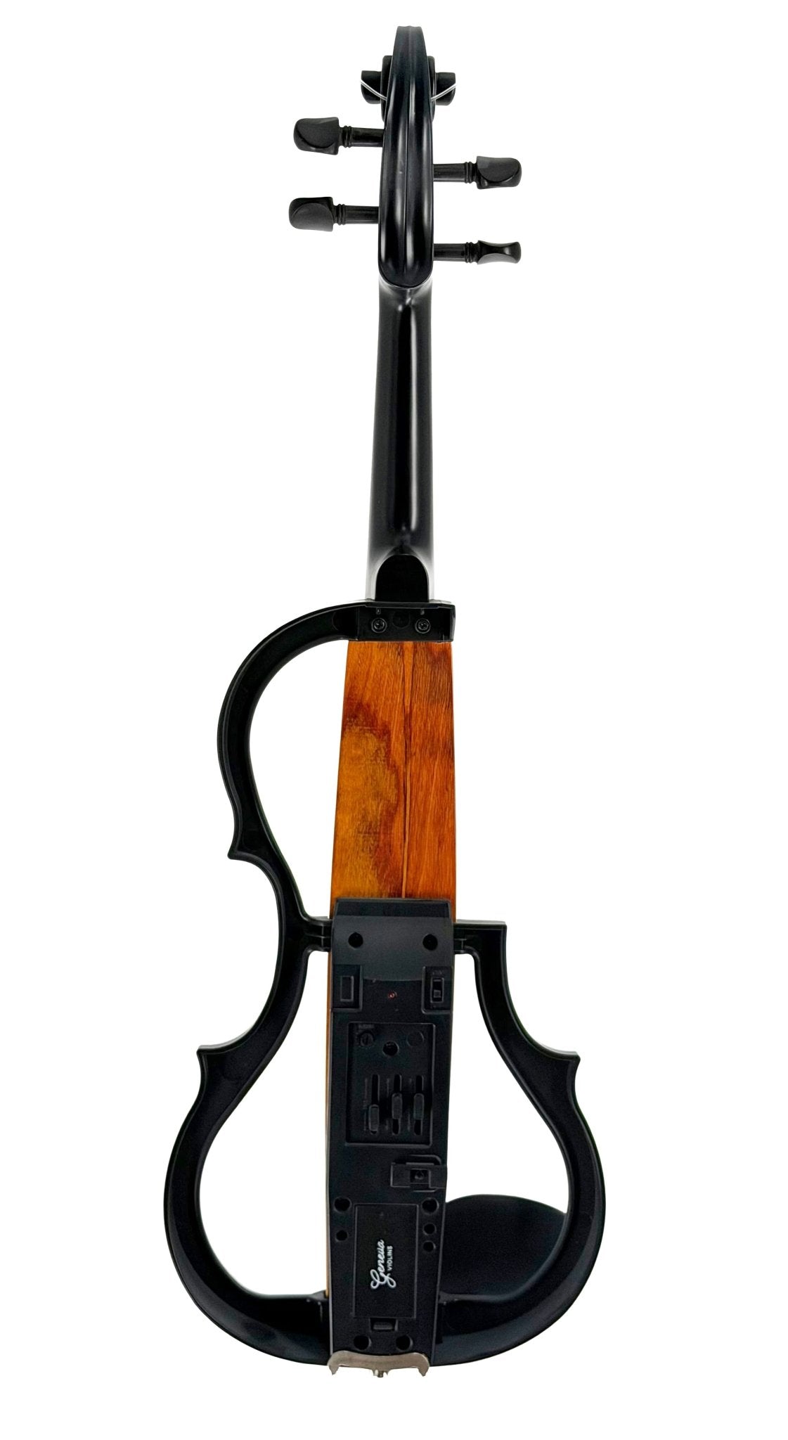 The Geneva Electric Violin – Professionally Set Up at Atelier features a black frame and wooden centerpiece, with an open, modern design that showcases its electronic components—ideal for silent practice and contemporary performance.