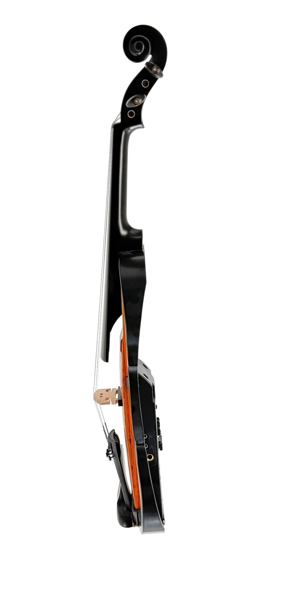 A side view of the Geneva Electric Violin – Professionally Set Up at Atelier, featuring a black frame and wooden bridge against a white background, showcases its modern minimalist design—perfect for silent practice and performance.