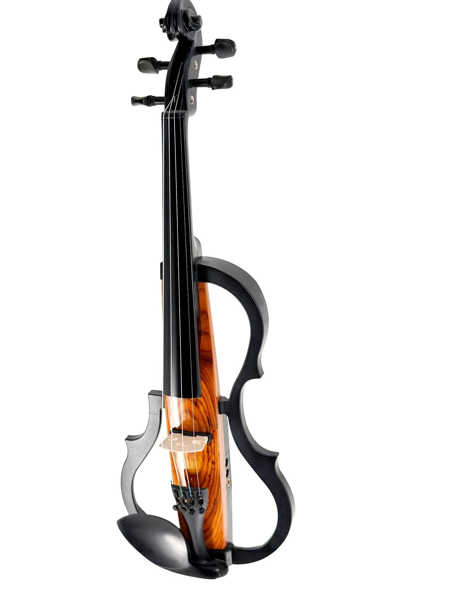 The Geneva Electric Violin – Professionally Set Up at Atelier is a modern instrument with a partially open black frame and wooden front, designed for silent practice and performance, beautifully presented against a white background.