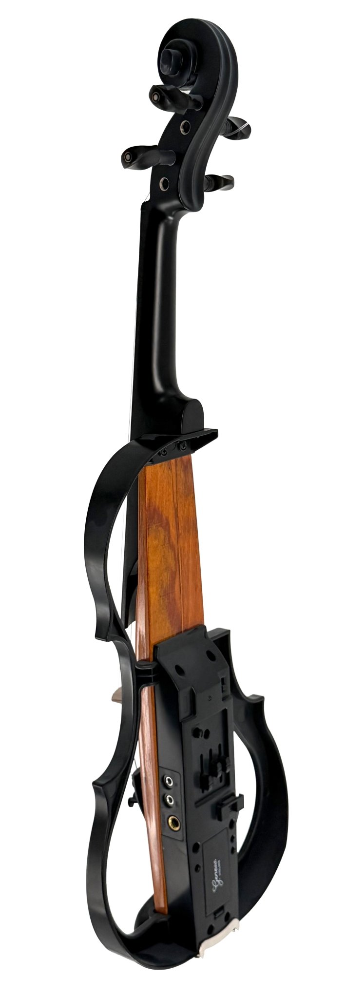 The Geneva Electric Violin – Professionally Set Up at Atelier features a black open-frame with a wooden center and stands upright against a white background. Designed for silent practice and performance, it includes controls and input jacks near the base.