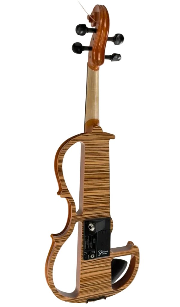 The Geneva Electric Violin with Shadow Preamp features a striped wood finish, open skeletal body, and professional setup at Atelier, offering silent practice and amplified performance with an electronic input panel on the back.