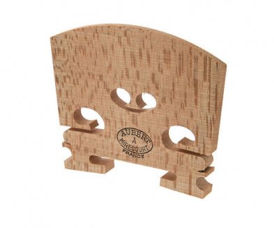 The Genuine French Aubert Mirecourt Viola Bridge is made of light-colored maple with three oval cut-outs and stamped "AUBERT À MIRECOURT FRANCE" on its surface.