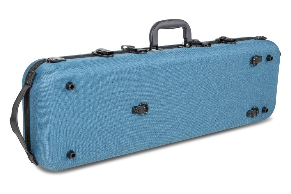 A GEWA Bio-A Oblong Violin Case – Blue, made with sustainable materials and covered in blue fabric, featuring a black handle and latches; shown closed and viewed at an angle on a white background.