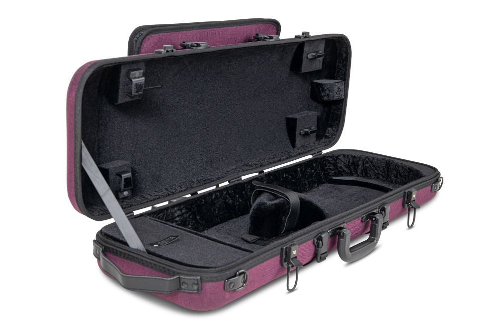 Open GEWA Bio-A Oblong Violin Case – Violet (Adjustable 1/2 to 4/4) with a black interior, straps, and compartments displayed on a white background. This sustainable violin case is empty and highlights multiple latches and adjustable handles.